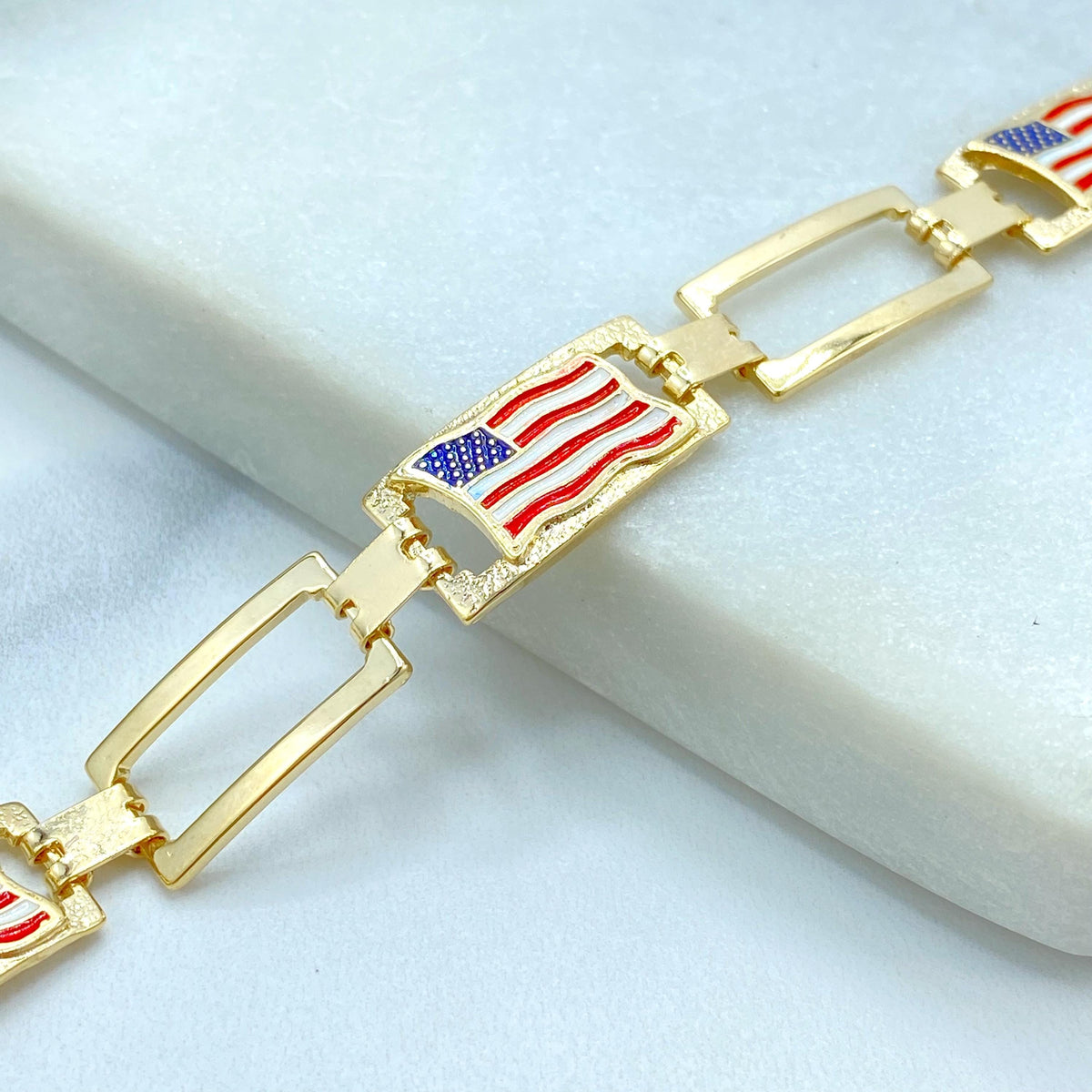 18K Gold Filled American Flag Link Bracelet, Enamel USA Rectangular