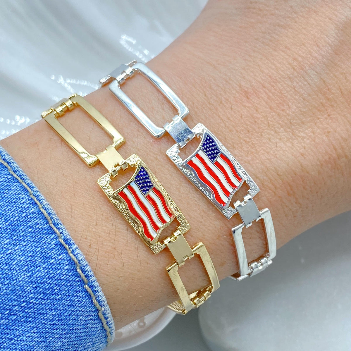 18K Gold Filled American Flag Link Bracelet, Enamel USA Rectangular