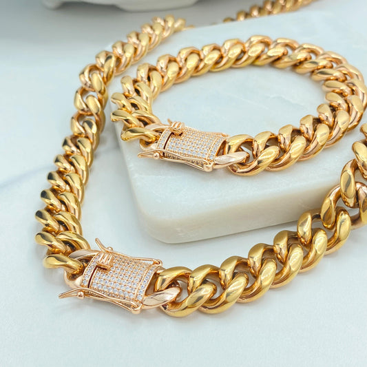 14K Rose Gold Filled Cuban Link, 14mm CZ Box Clasp, Necklace or Bracelet