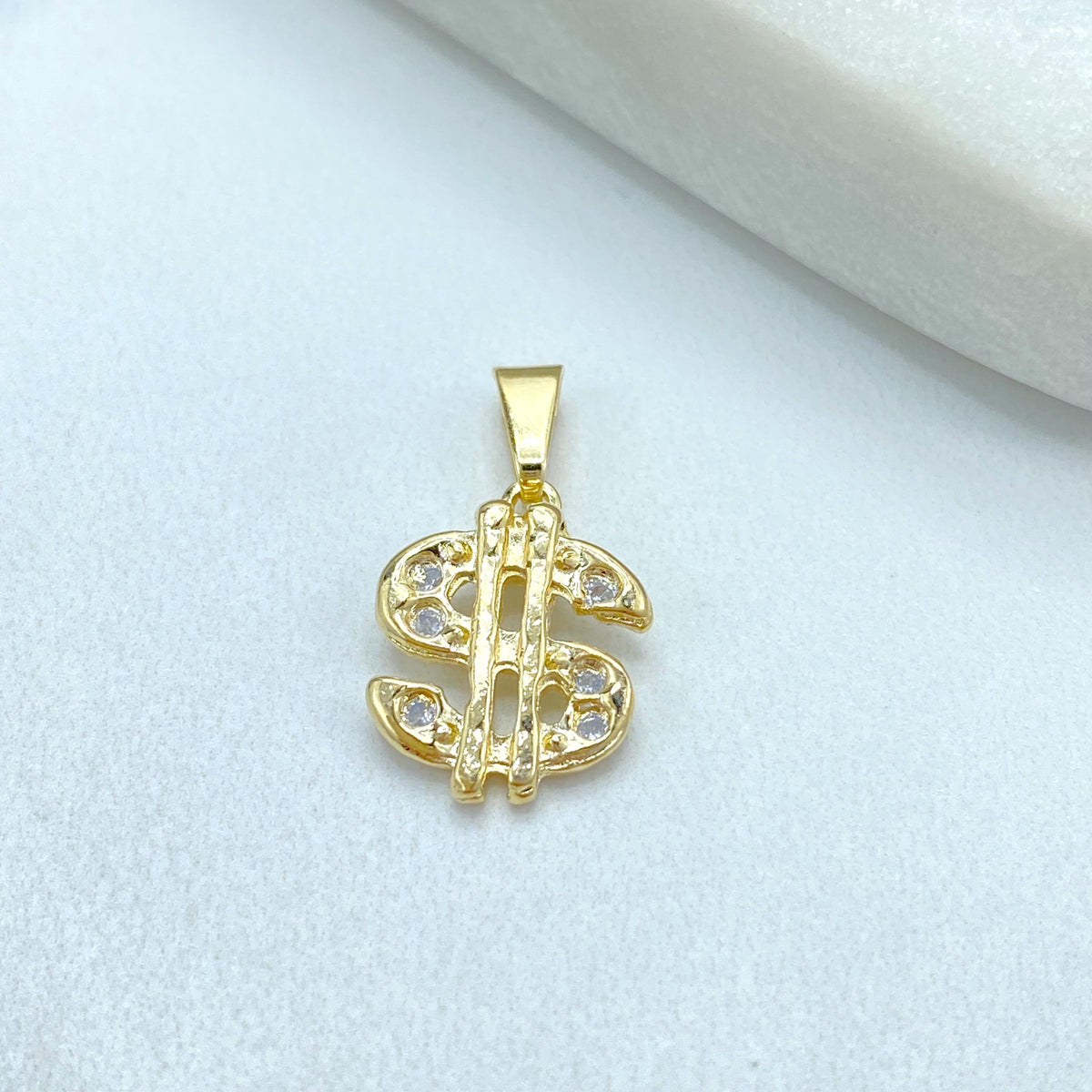 18K Gold Filled CZ Dollar Sign Pendant, Money Symbol Charm
