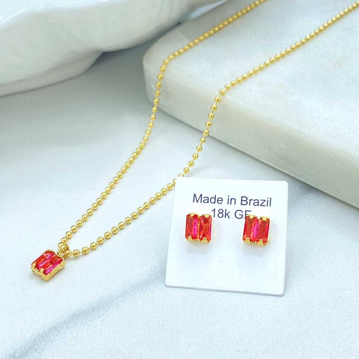 18K Gold Filled Rectangle Gem Duo, Beaded Link Collar With Pierced Pair, Jewelry Set