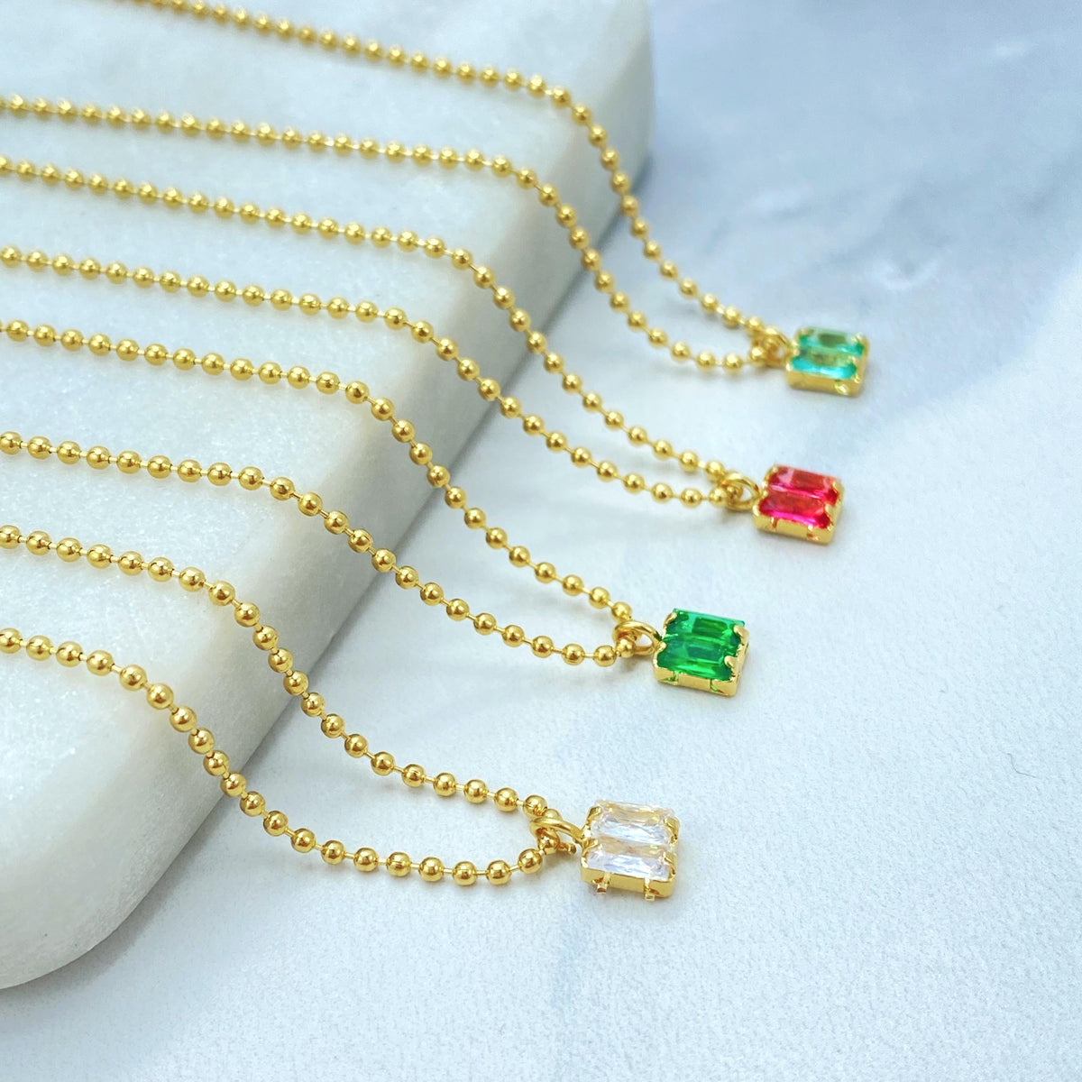 18K Gold Filled Rectangle Gem Duo, Beaded Link Collar With Pierced Pair, Jewelry Set