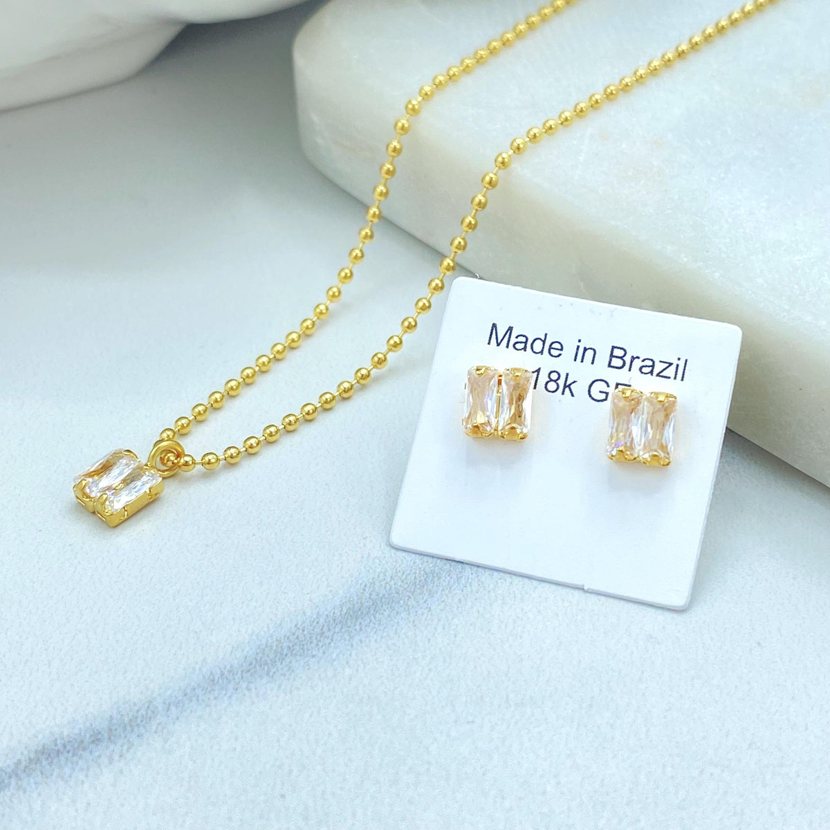 18K Gold Filled Rectangle Gem Duo, Beaded Link Collar With Pierced Pair, Jewelry Set