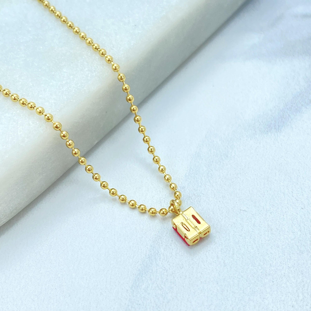 18K Gold Filled Rectangle Gem Duo, Beaded Link Collar With Pierced Pair, Jewelry Set