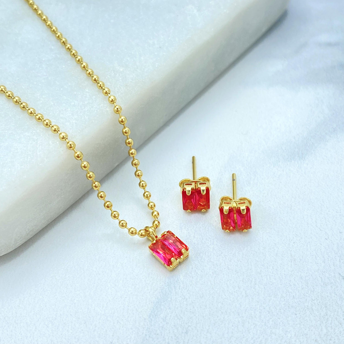 18K Gold Filled Rectangle Gem Duo, Beaded Link Collar With Pierced Pair, Jewelry Set