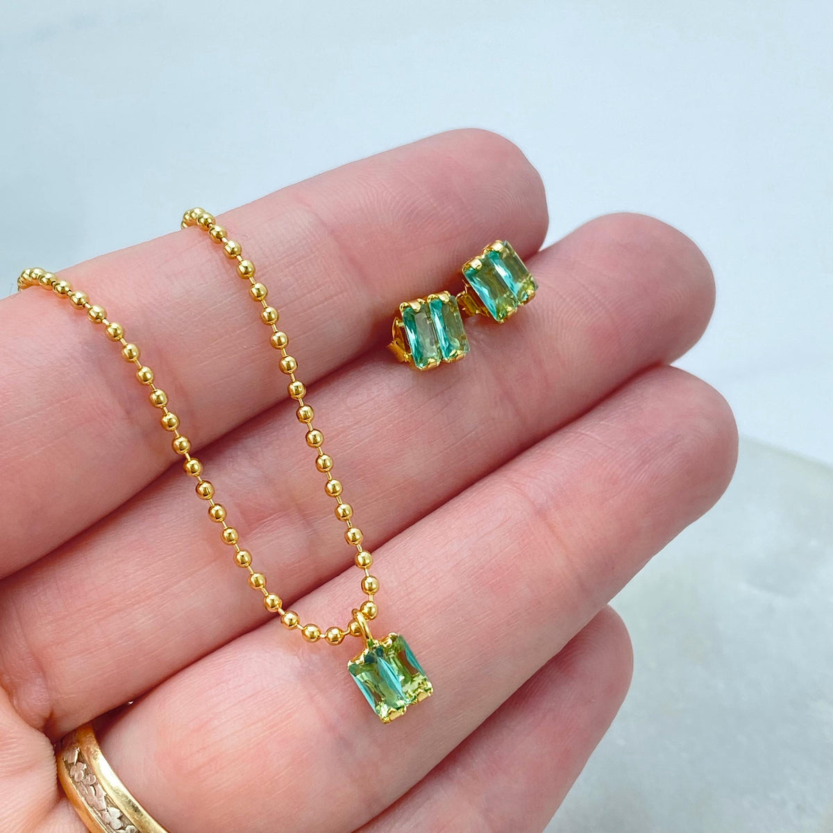 18K Gold Filled Rectangle Gem Duo, Beaded Link Collar With Pierced Pair, Jewelry Set