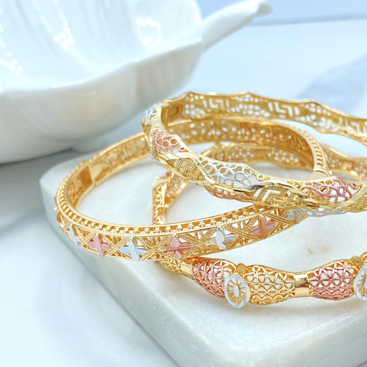 18K Gold Filled Tri Tone Bangle Bracelet, Filigree Star Twist Styles