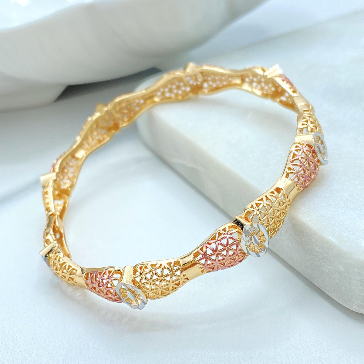 18K Gold Filled Tri Tone Bangle Bracelet, Filigree Star Twist Styles