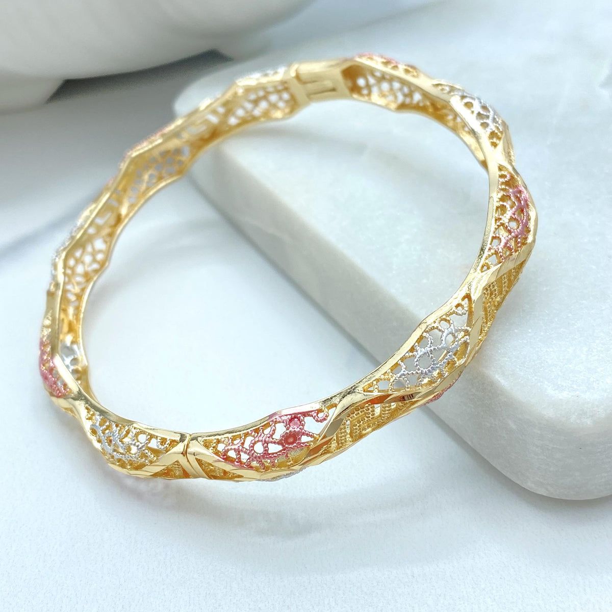 18K Gold Filled Tri Tone Bangle Bracelet, Filigree Star Twist Styles