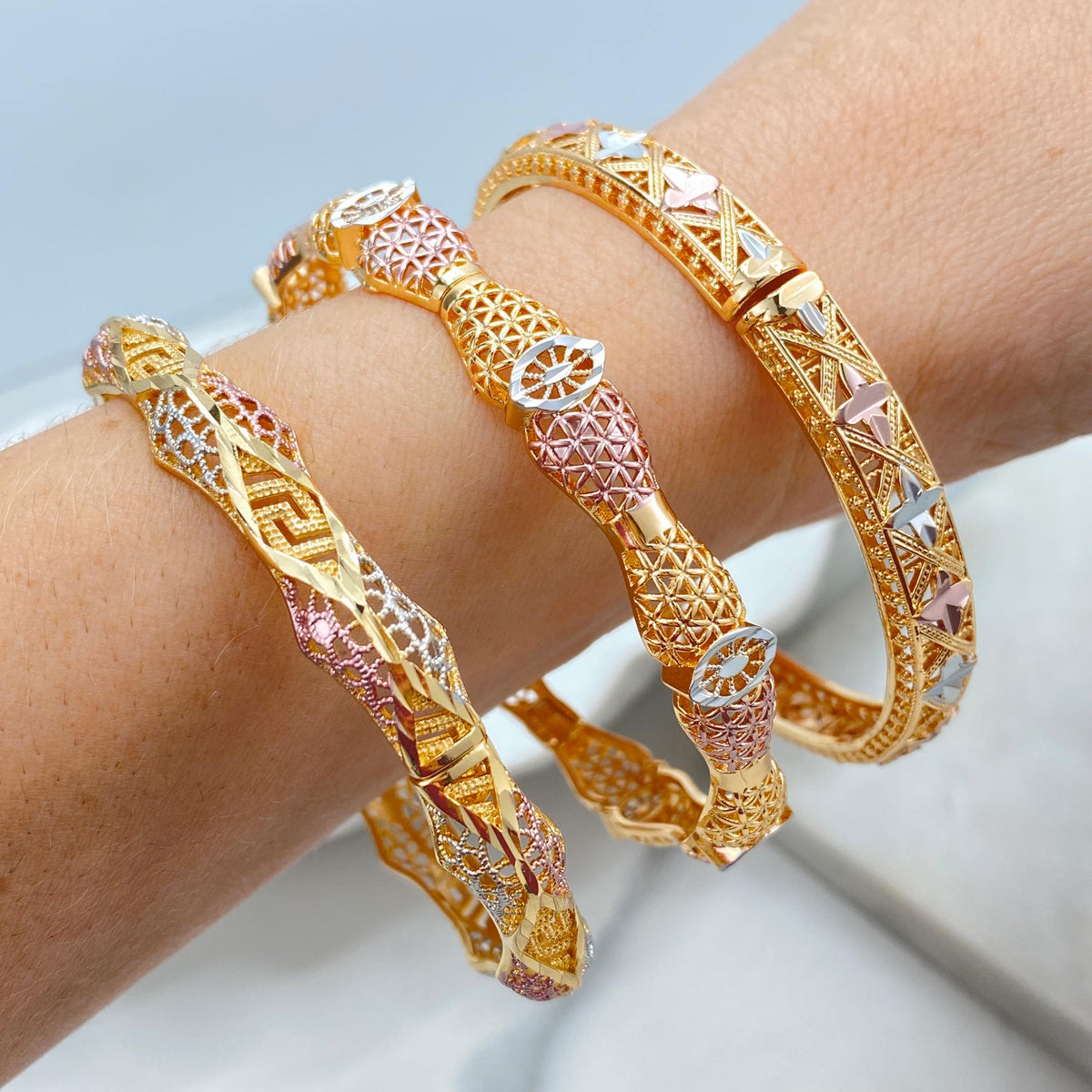 18K Gold Filled Tri Tone Bangle Bracelet, Filigree Star Twist Styles