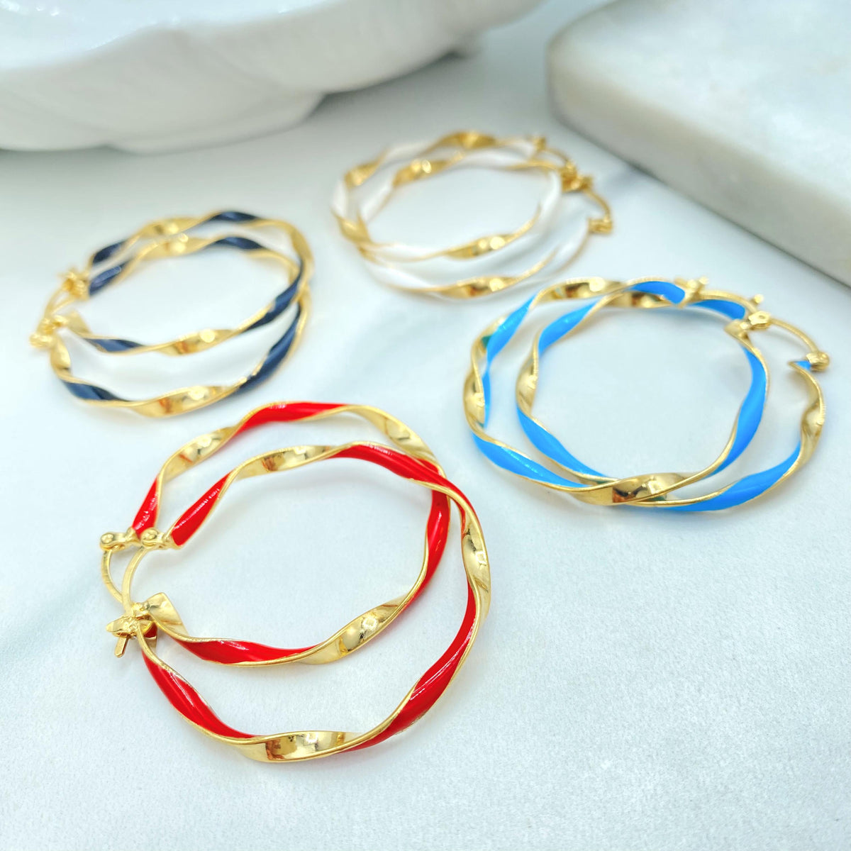 18K Gold Filled Wavy Spiral Loops, Colored Inset Round Pair