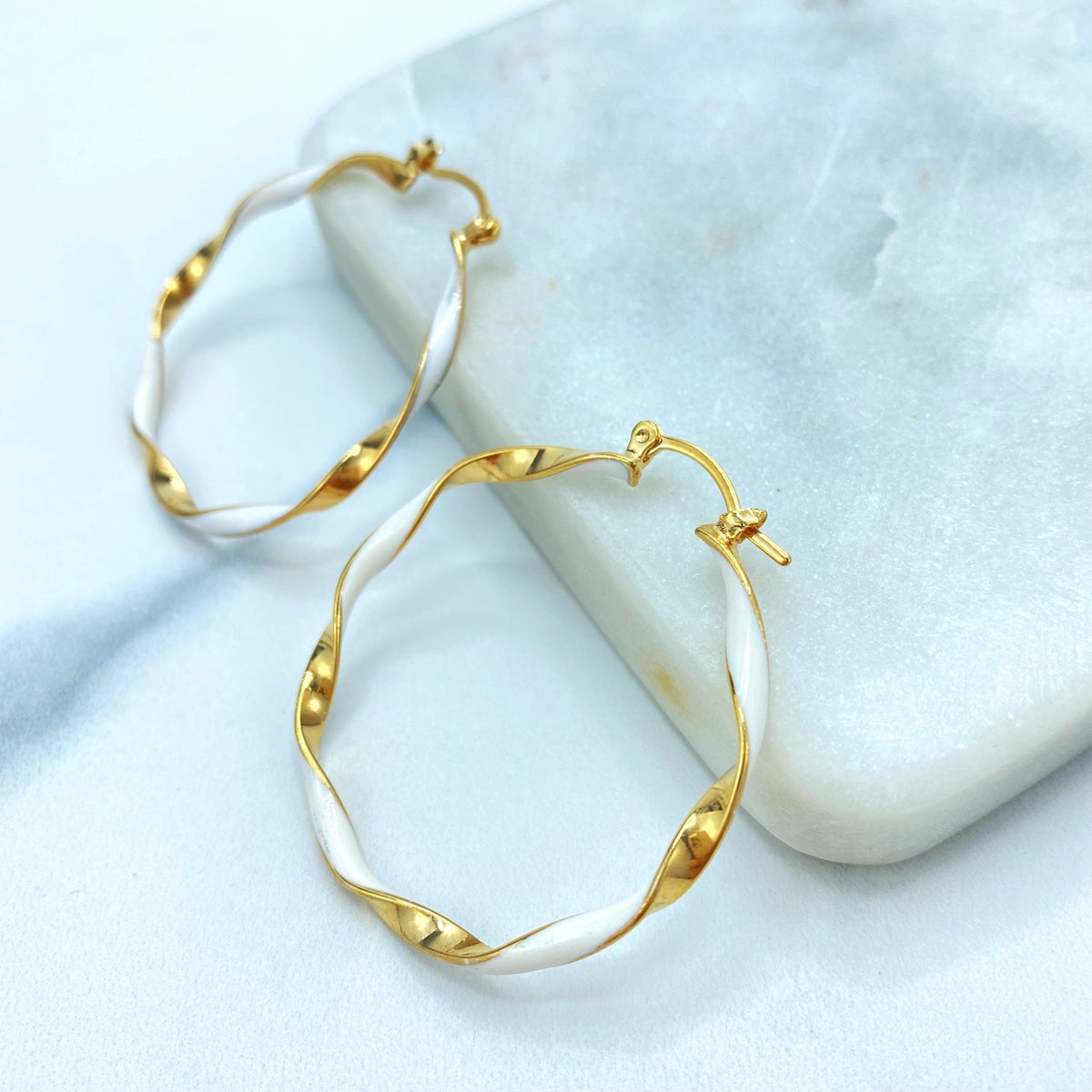 18K Gold Filled Wavy Spiral Loops, Colored Inset Round Pair