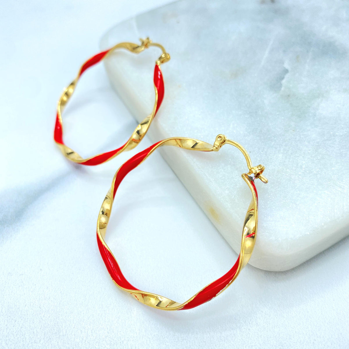18K Gold Filled Wavy Spiral Loops, Colored Inset Round Pair