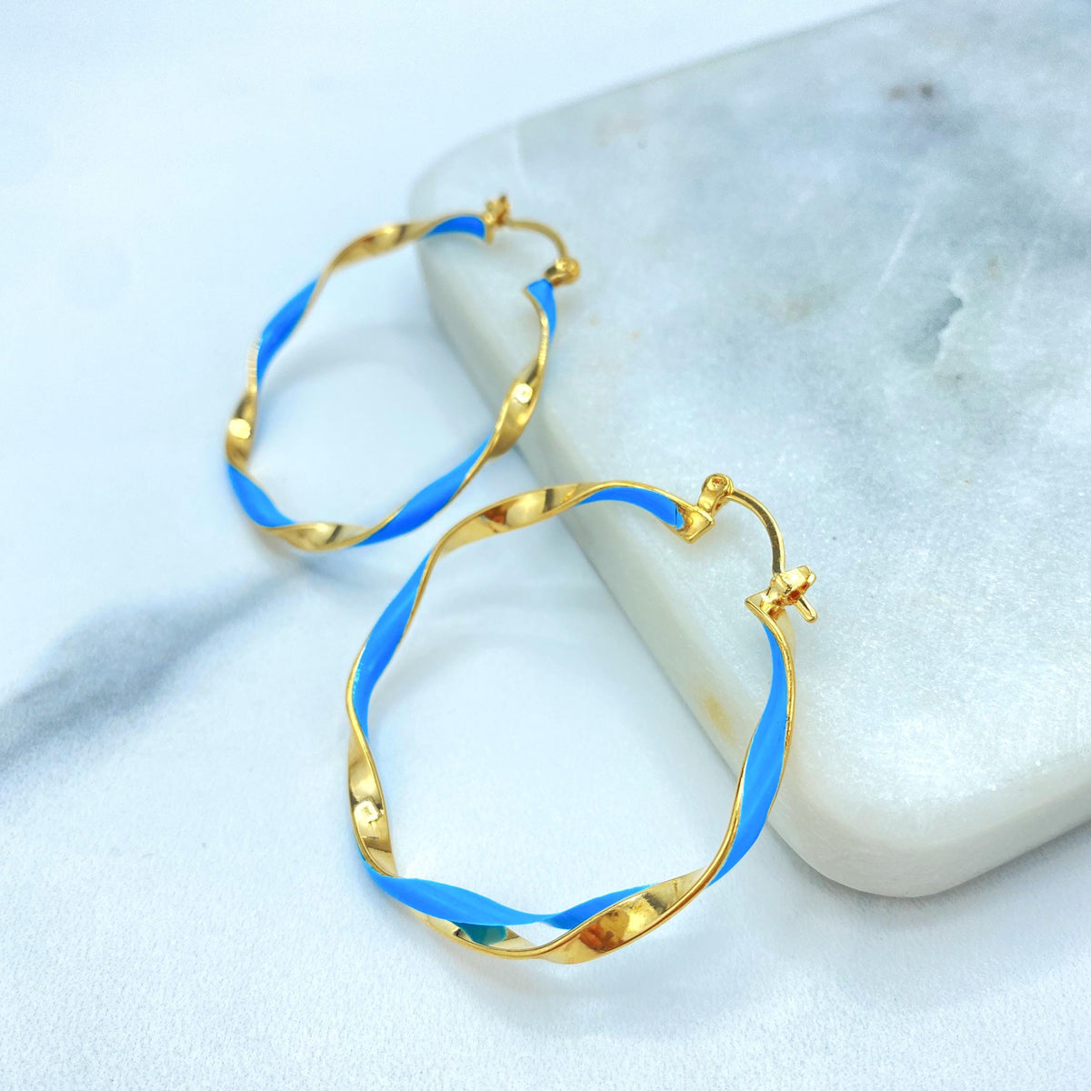 18K Gold Filled Wavy Spiral Loops, Colored Inset Round Pair