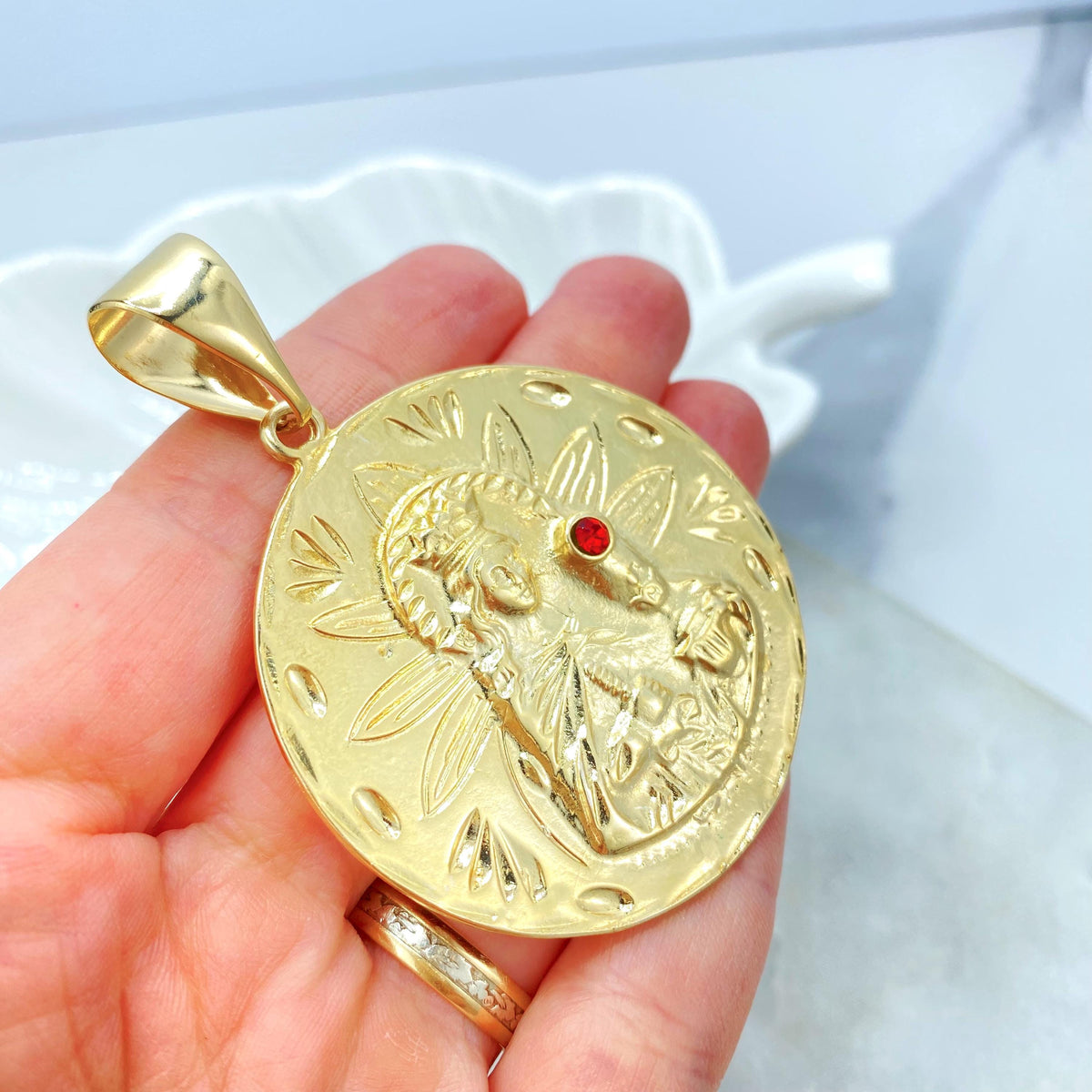 18K Gold Filled Saint Barbara Coin Pendant, Red CZ Accent, Floral Relief