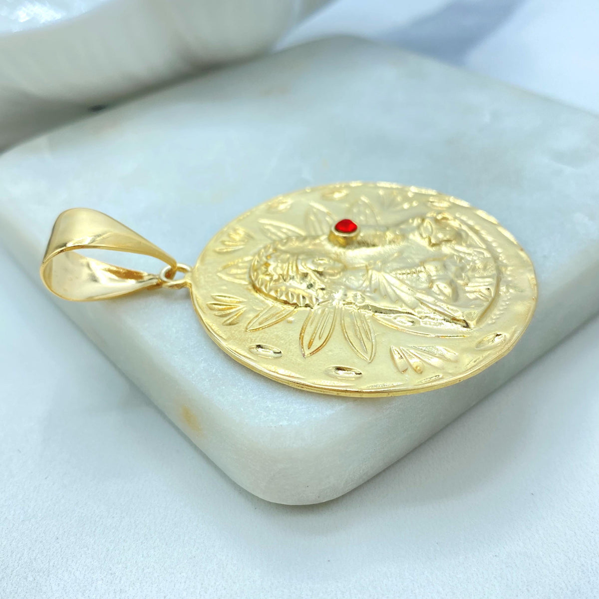 18K Gold Filled Saint Barbara Coin Pendant, Red CZ Accent, Floral Relief