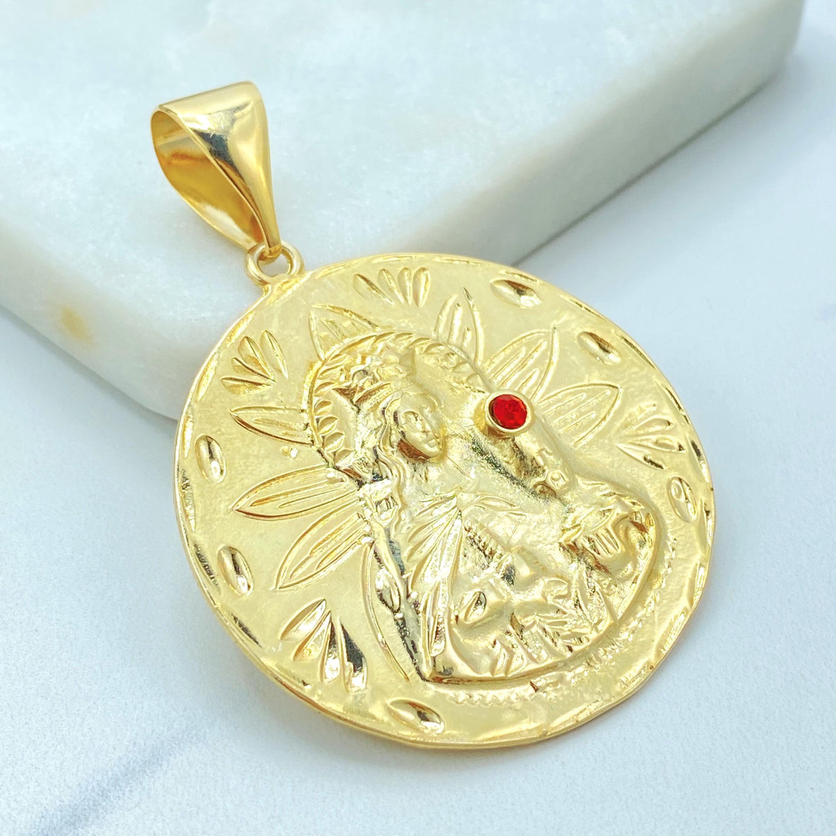 18K Gold Filled Saint Barbara Coin Pendant, Red CZ Accent, Floral Relief