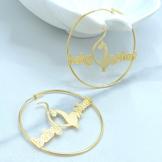 18K Gold Filled Baby Phat Nameplate Hoops, Kitty Silhouette Statement Pair