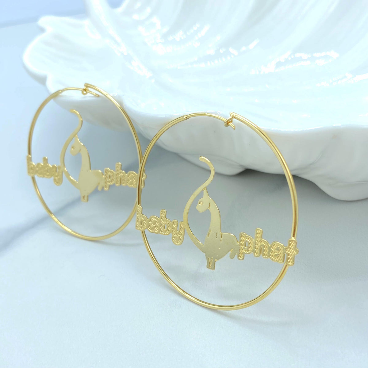 18K Gold Filled Baby Phat Nameplate Hoops, Kitty Silhouette Statement Pair