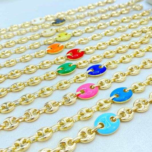 18K Gold Filled Mariner Link Bracelet, Enamel Disc Accent, Color Selection
