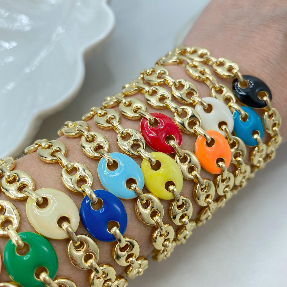 18K Gold Filled Mariner Link Bracelet, Enamel Disc Accent, Color Selection