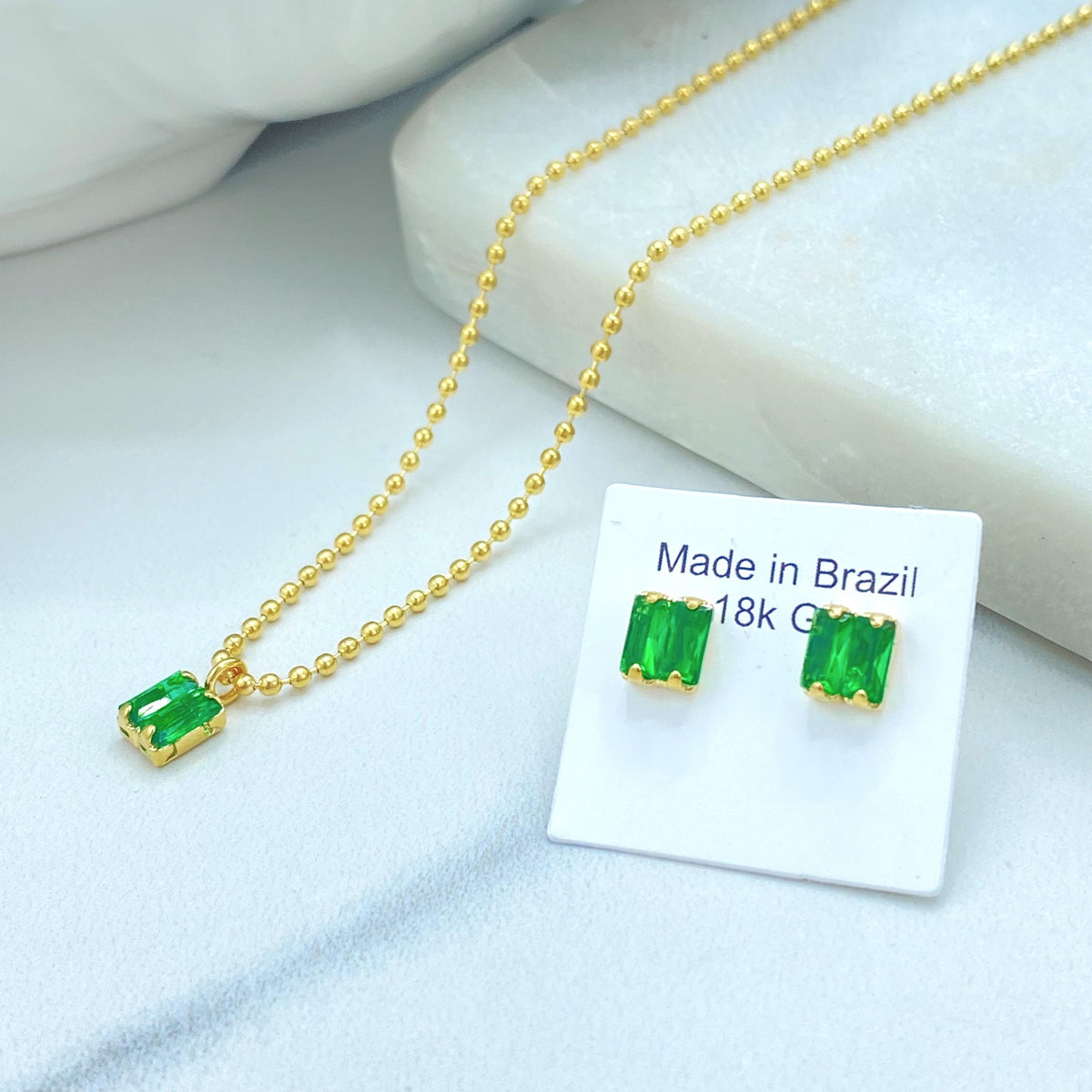 18K Gold Filled Rectangle Gem Duo, Beaded Link Collar With Pierced Pair, Jewelry Set