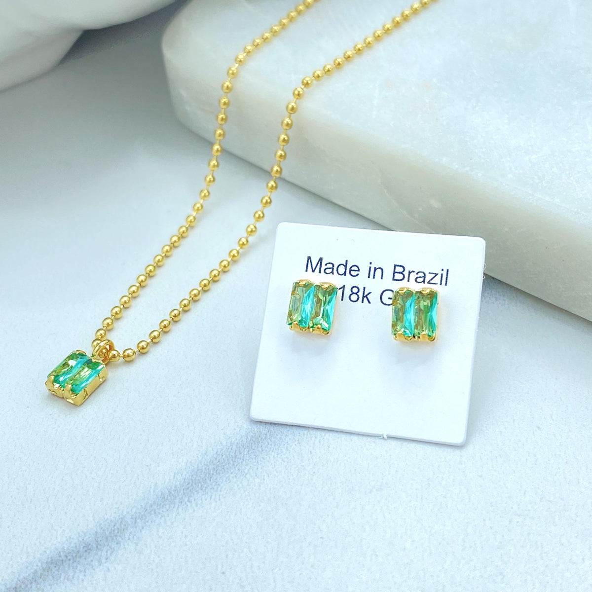18K Gold Filled Rectangle Gem Duo, Beaded Link Collar With Pierced Pair, Jewelry Set