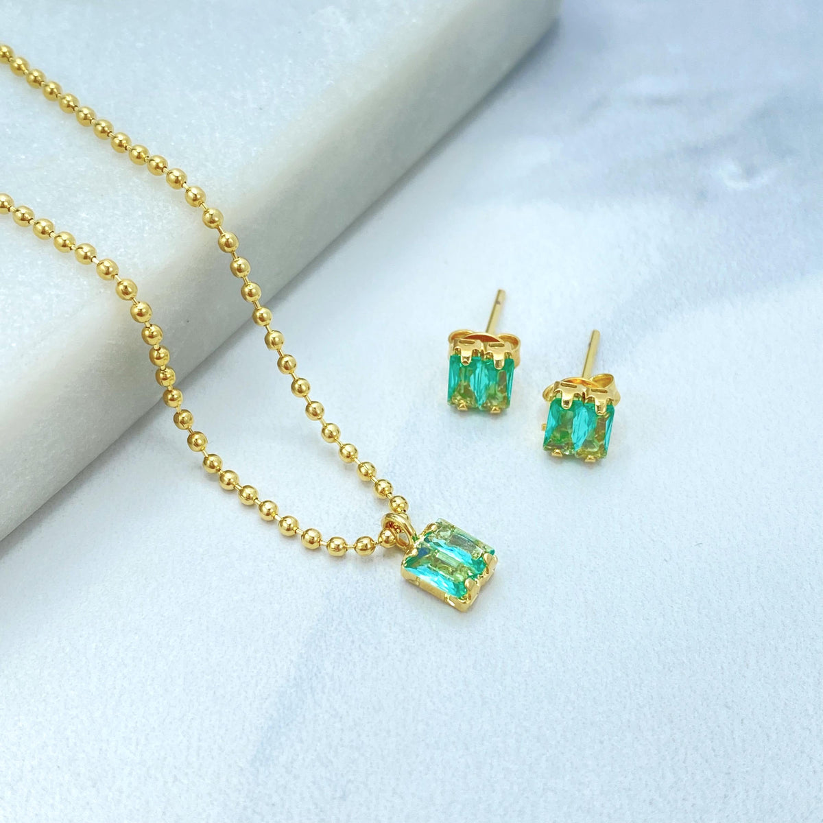 18K Gold Filled Rectangle Gem Duo, Beaded Link Collar With Pierced Pair, Jewelry Set