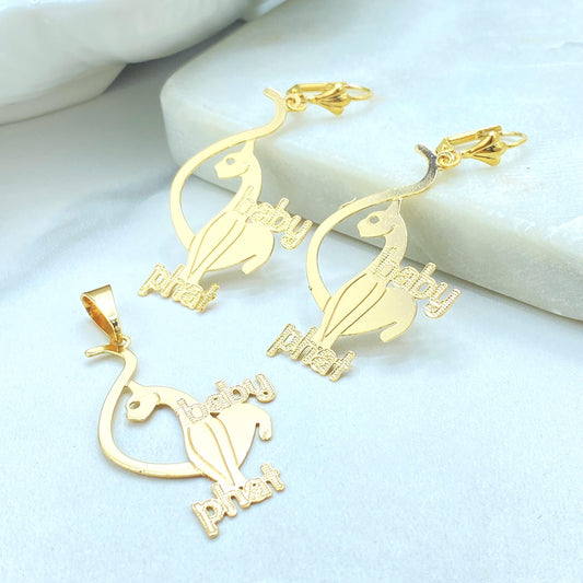 18K Gold Filled Baby Phat Kitty Pendant Set, Matching Leverback Earrings
