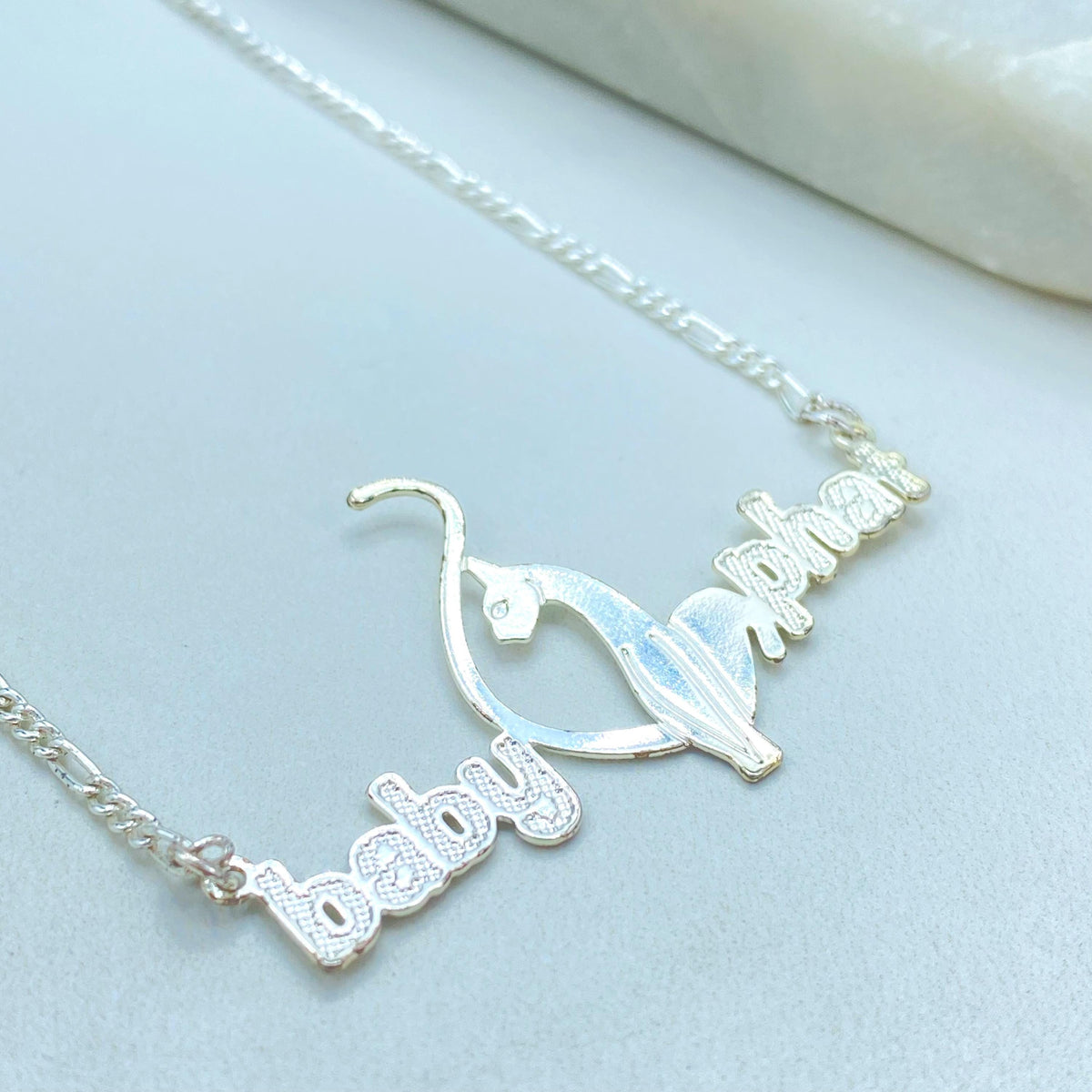 Silver Filled Baby Phat Nameplate Necklace, Figaro Chain, Logo Centerpiece