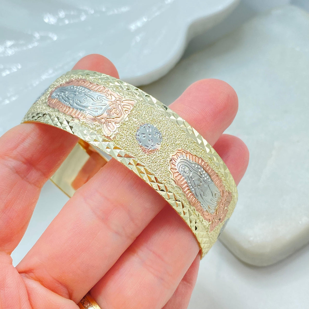18K Gold Filled Tri Tone Guadalupe Cuff Bangle, Engraved Saints, Two Sizes