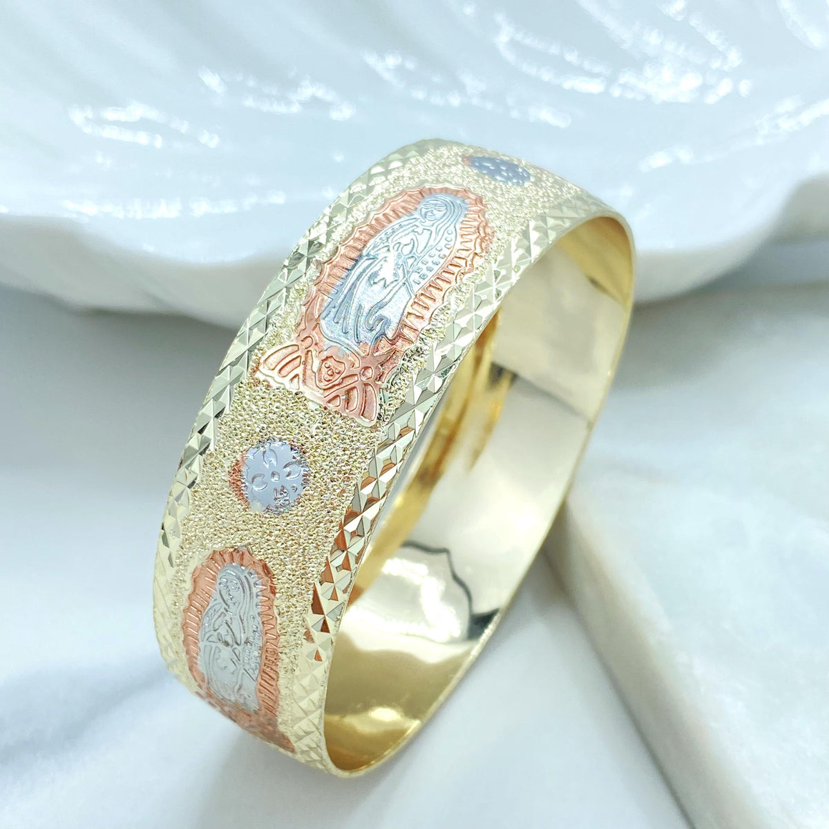 18K Gold Filled Tri Tone Guadalupe Cuff Bangle, Engraved Saints, Two Sizes