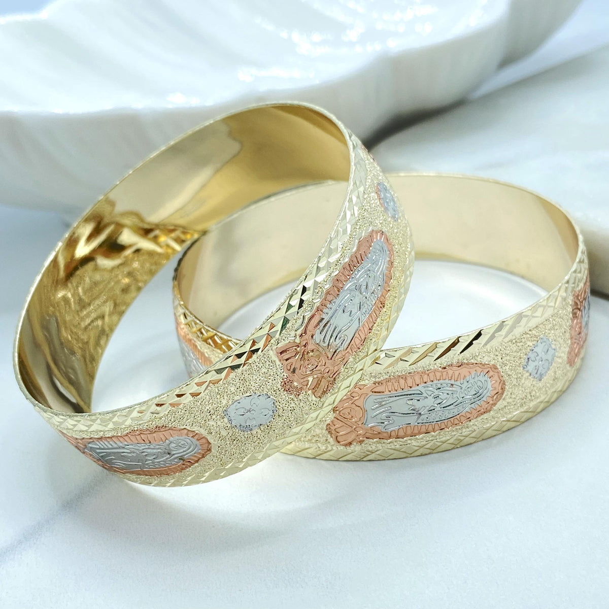 18K Gold Filled Tri Tone Guadalupe Cuff Bangle, Engraved Saints, Two Sizes