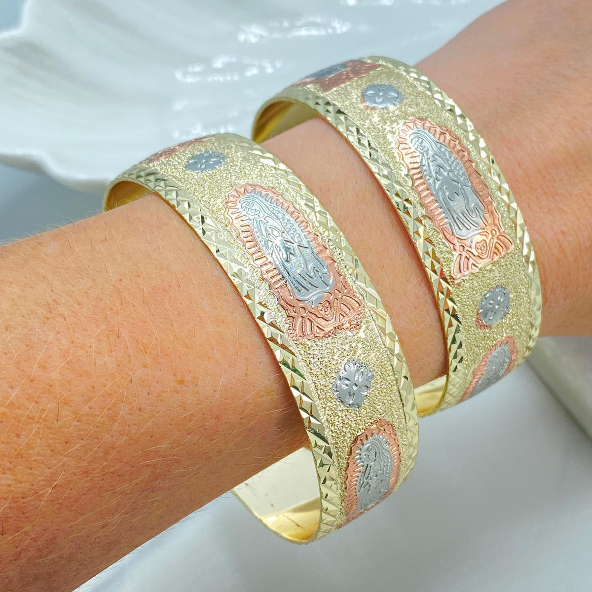 18K Gold Filled Tri Tone Guadalupe Cuff Bangle, Engraved Saints, Two Sizes