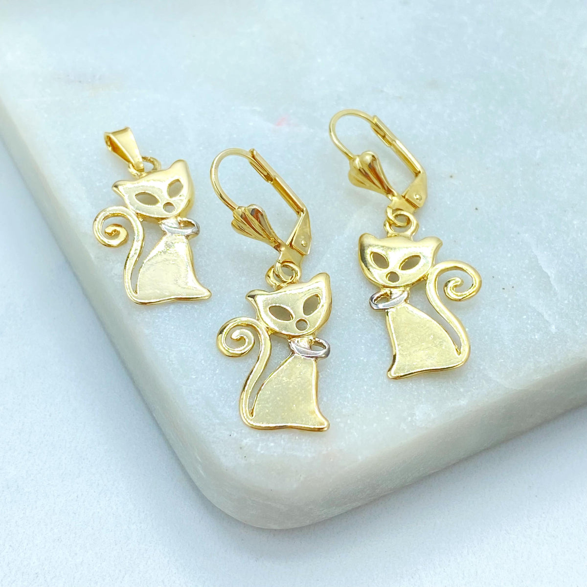 18K Gold Filled Cat Charm Set, Two Tone Collar, Leverback Earrings Pendant