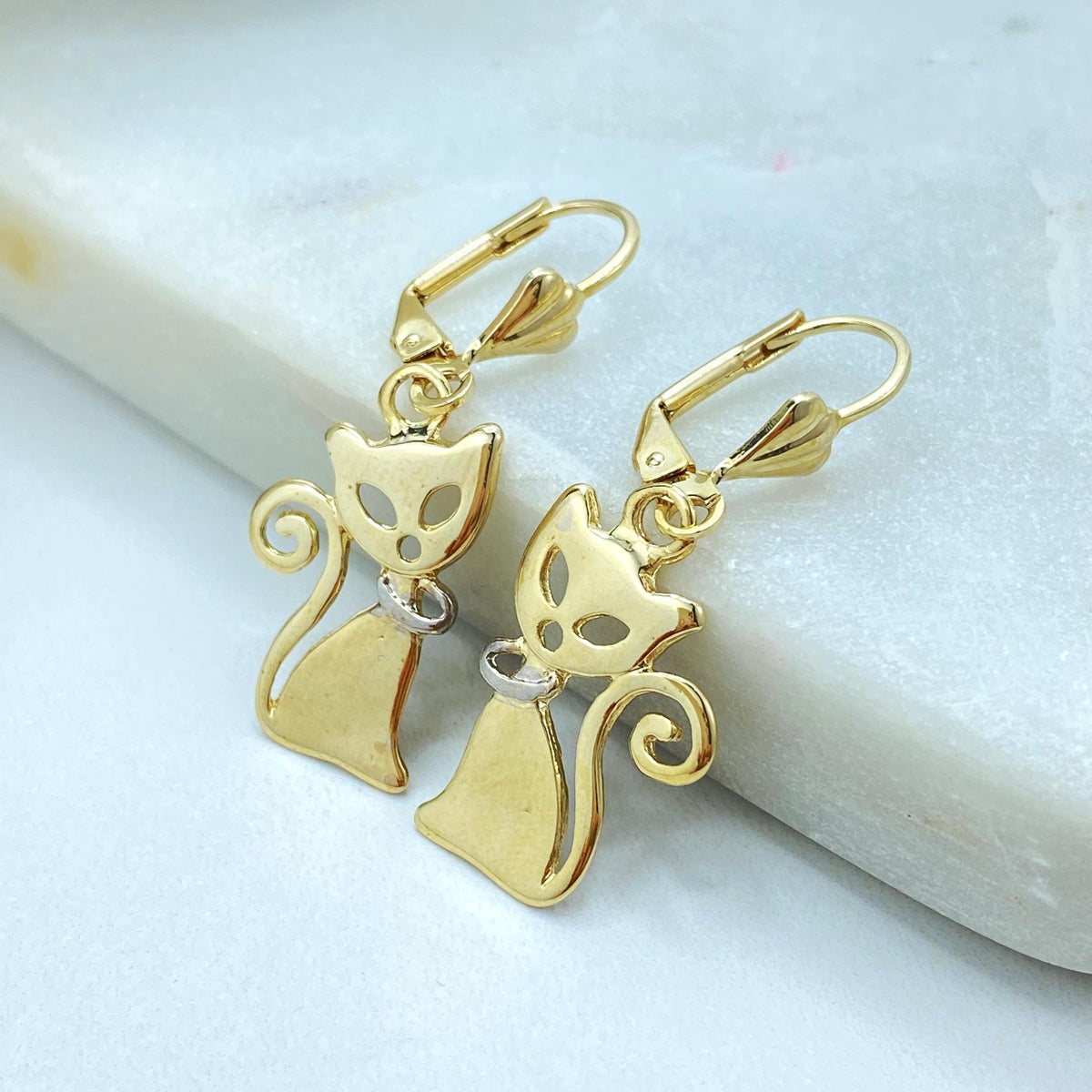 18K Gold Filled Cat Charm Set, Two Tone Collar, Leverback Earrings Pendant