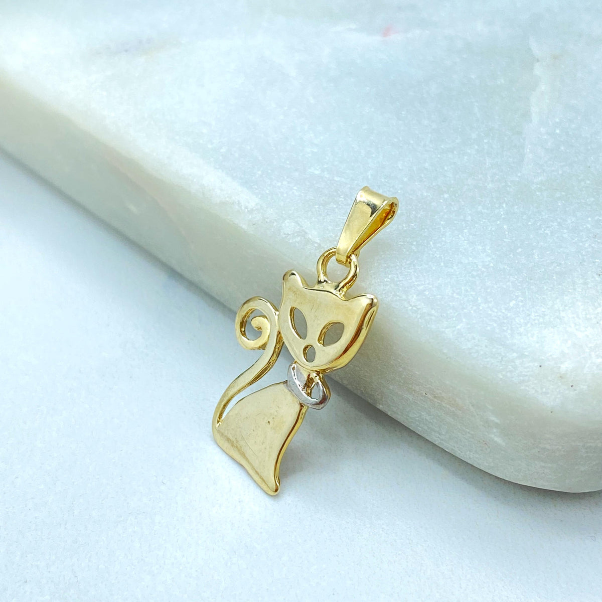 18K Gold Filled Cat Charm Set, Two Tone Collar, Leverback Earrings Pendant