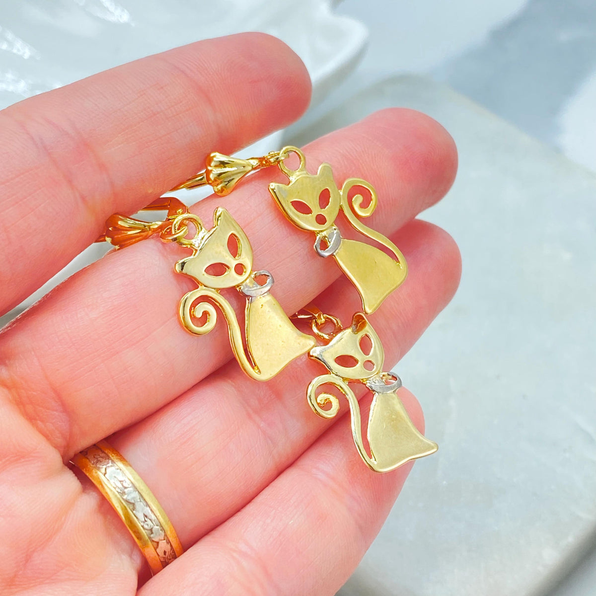 18K Gold Filled Cat Charm Set, Two Tone Collar, Leverback Earrings Pendant