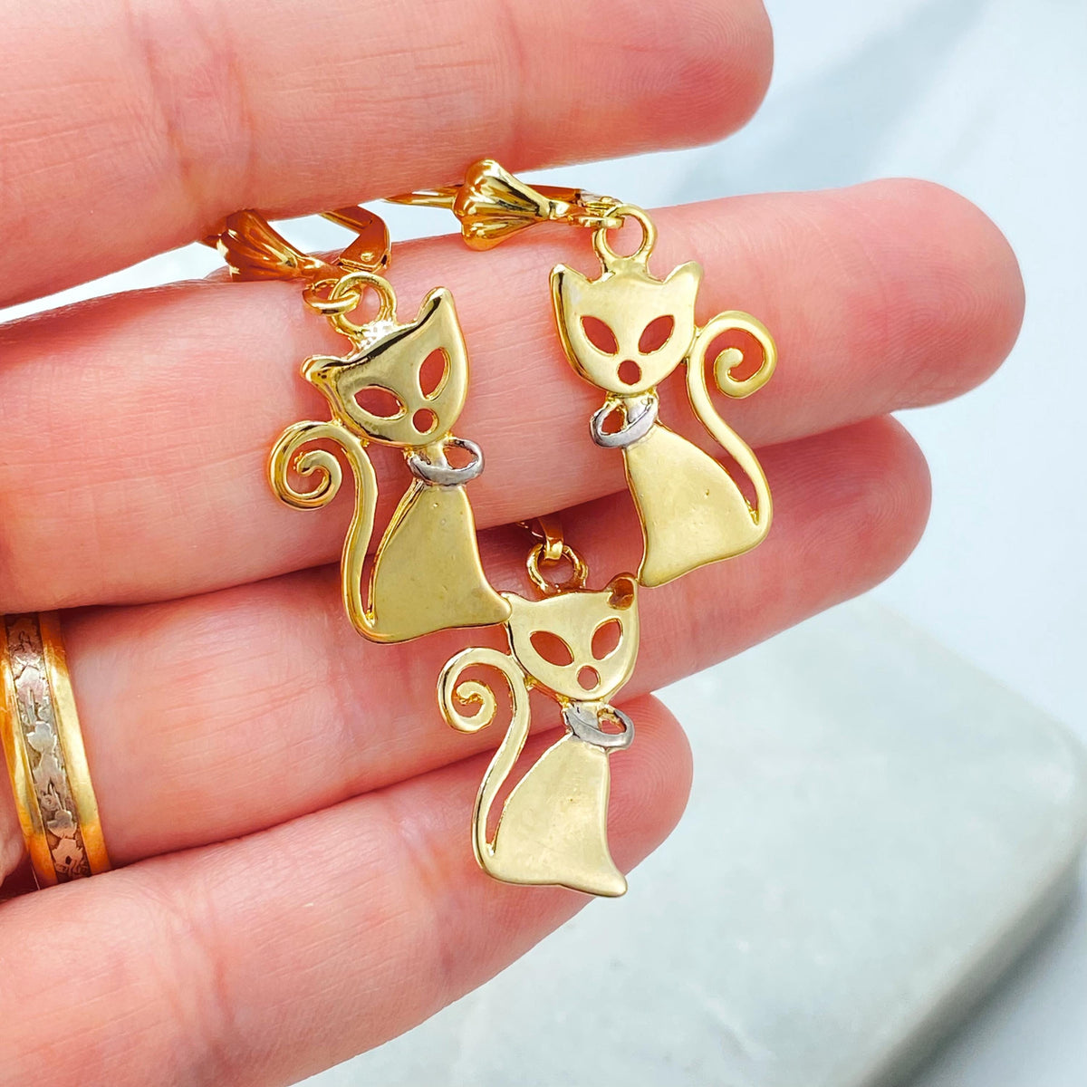 18K Gold Filled Cat Charm Set, Two Tone Collar, Leverback Earrings Pendant