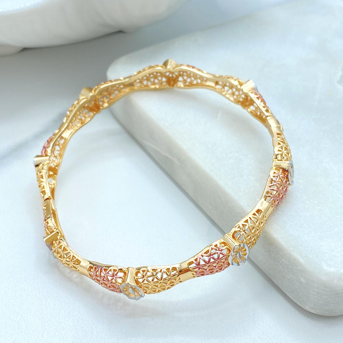 18K Gold Filled Tri Tone Bangle Bracelet, Filigree Star Twist Styles