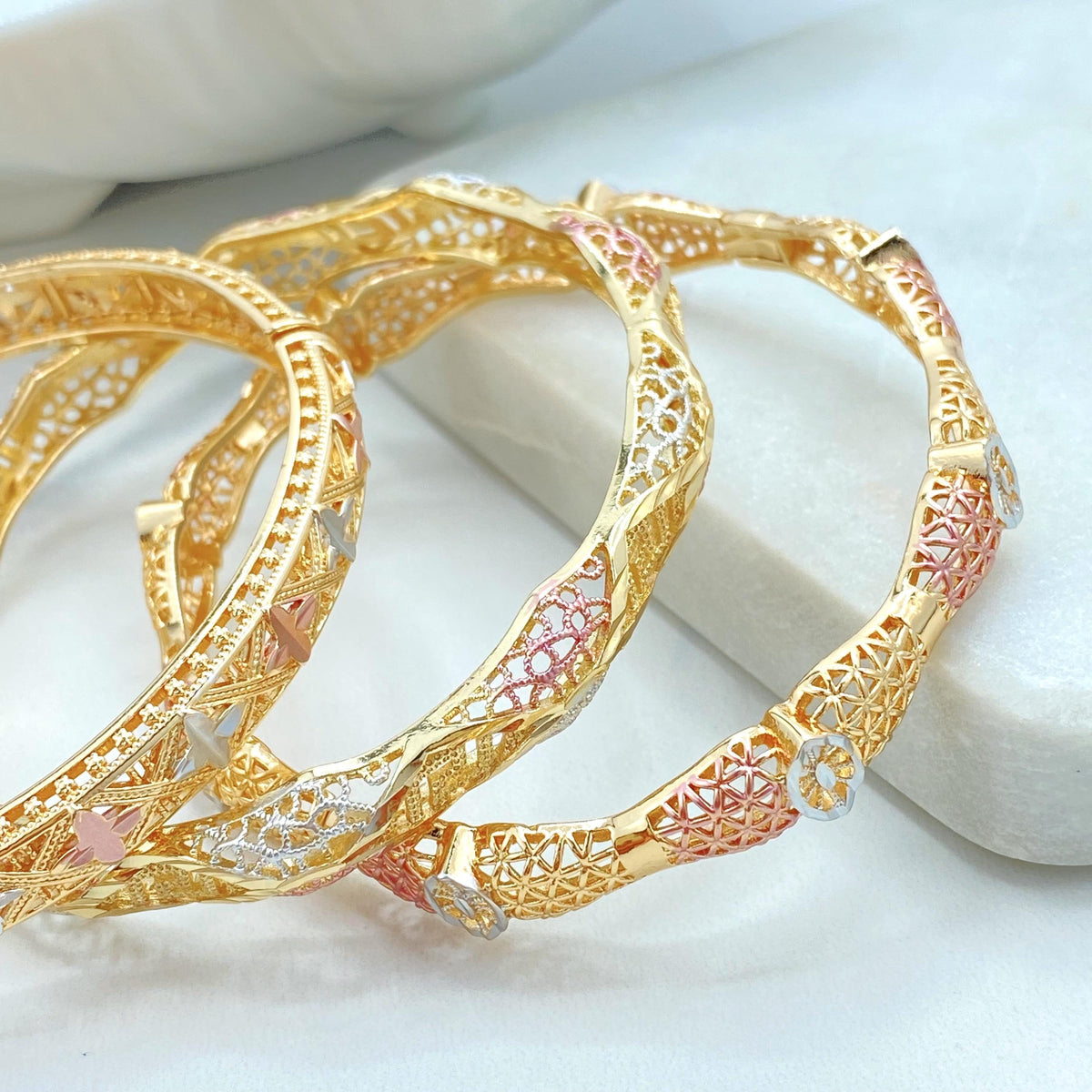 18K Gold Filled Tri Tone Bangle Bracelet, Filigree Star Twist Styles
