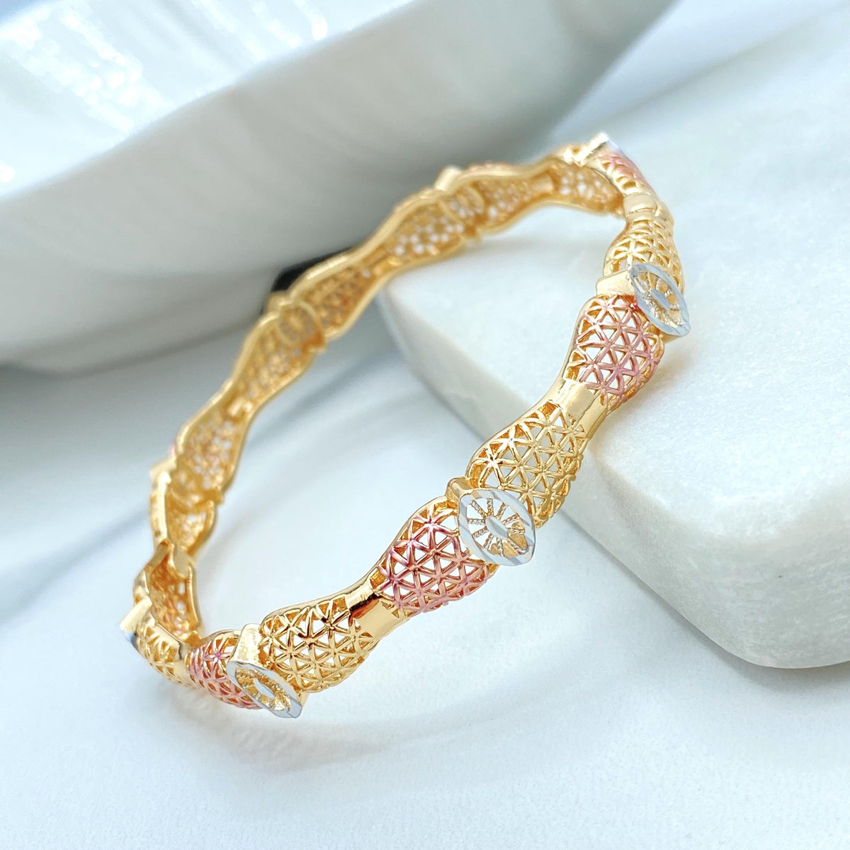 18K Gold Filled Tri Tone Bangle Bracelet, Filigree Star Twist Styles