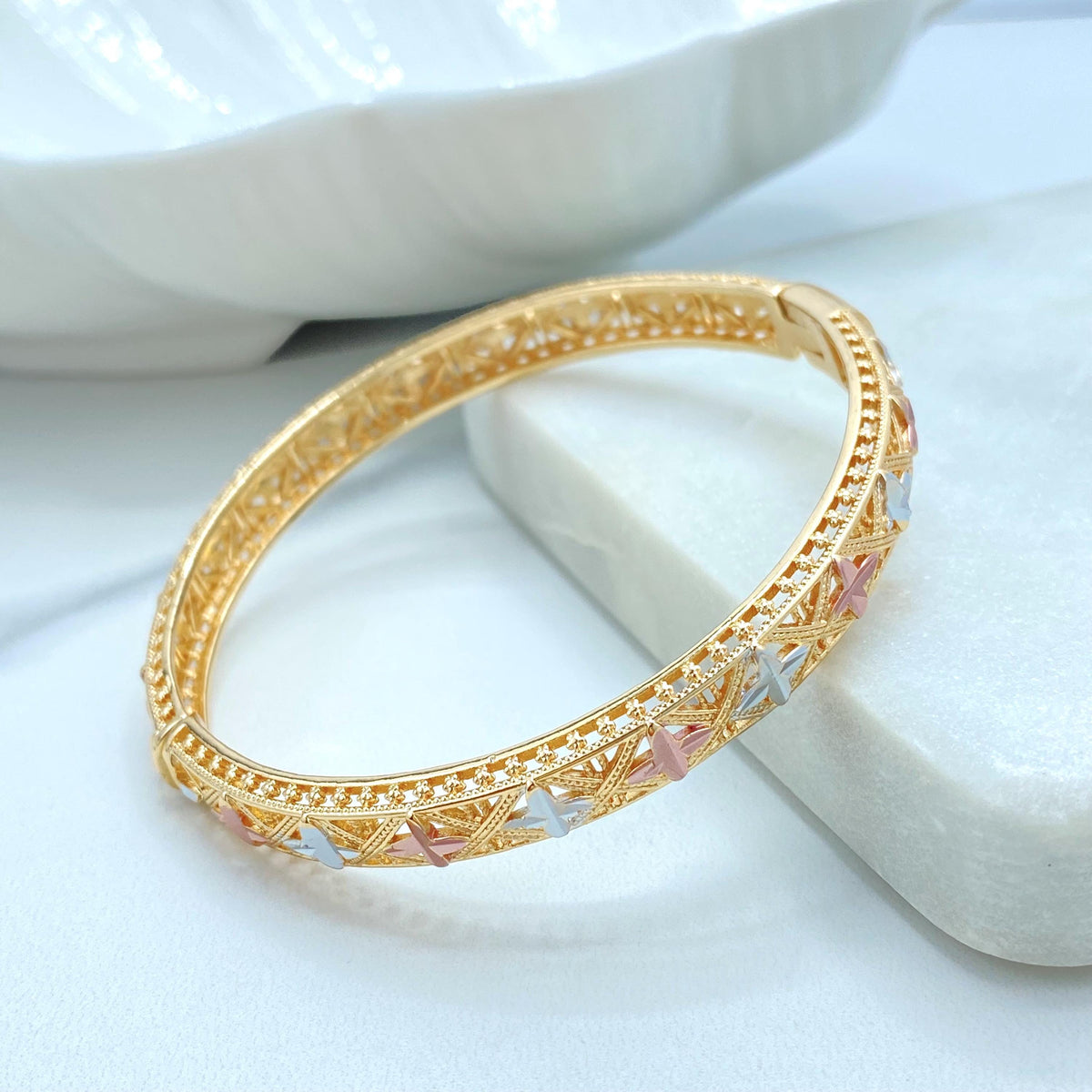 18K Gold Filled Tri Tone Bangle Bracelet, Filigree Star Twist Styles