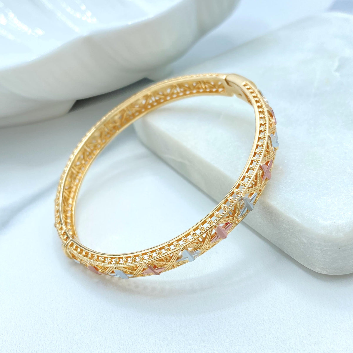 18K Gold Filled Tri Tone Bangle Bracelet, Filigree Star Twist Styles