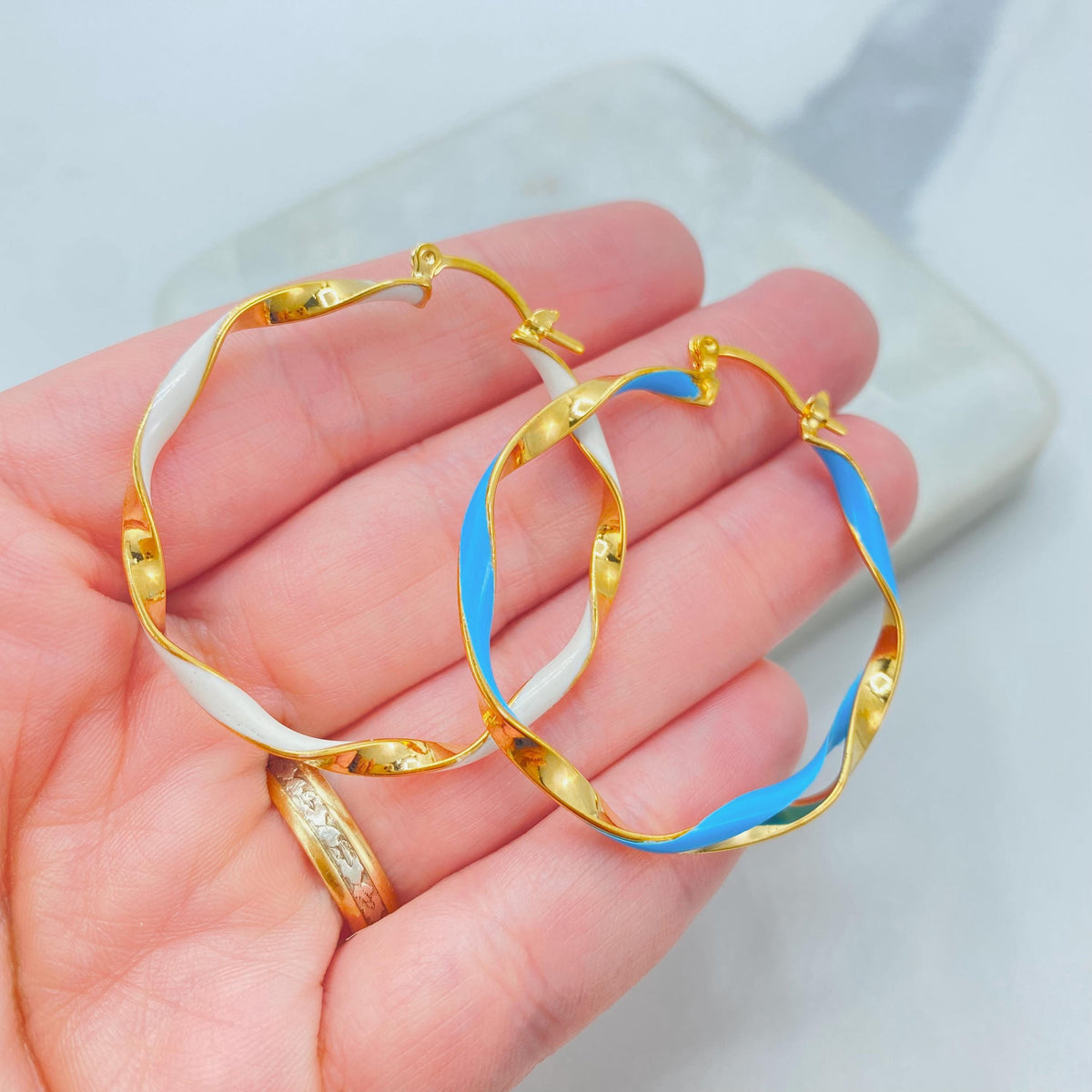 18K Gold Filled Wavy Spiral Loops, Colored Inset Round Pair