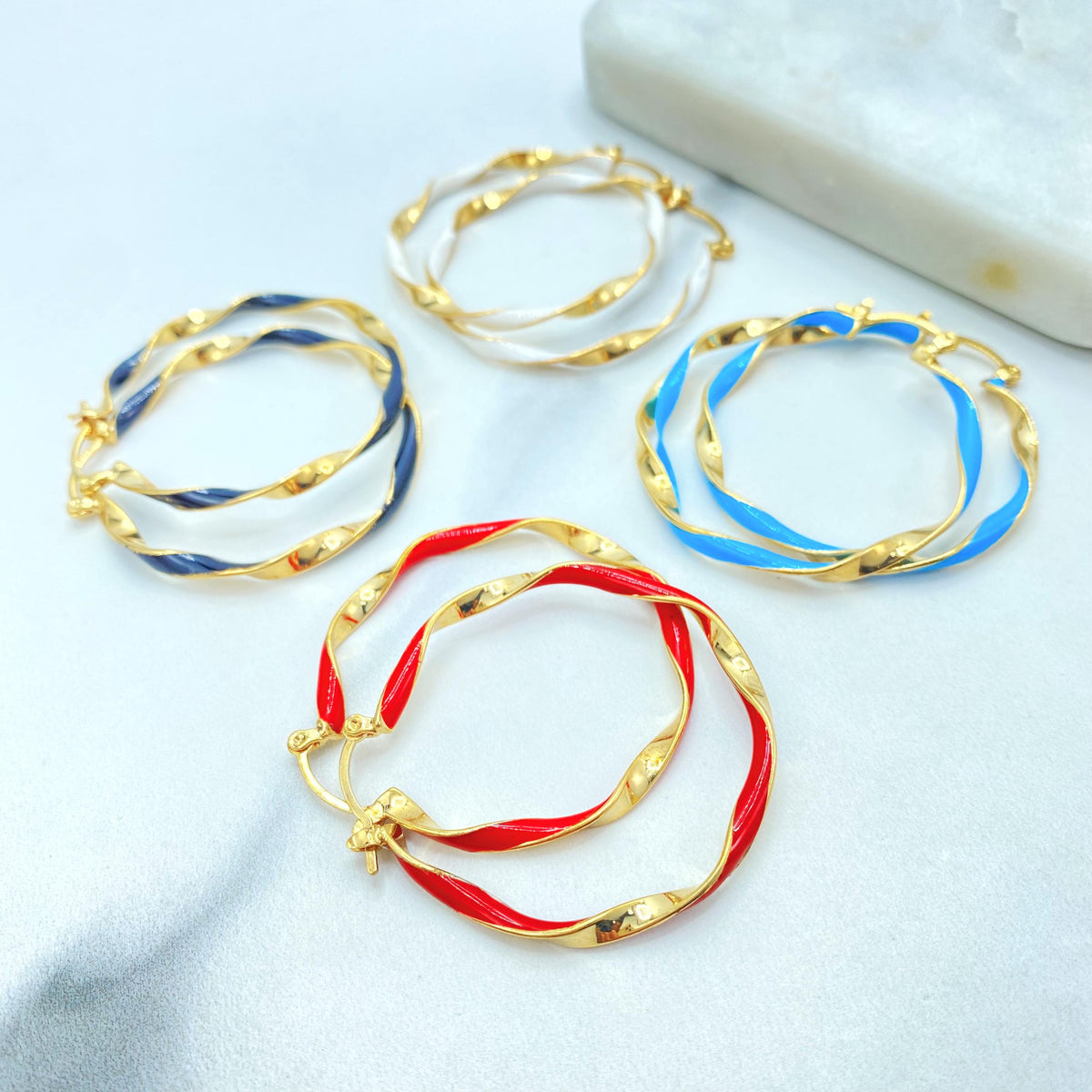 18K Gold Filled Wavy Spiral Loops, Colored Inset Round Pair