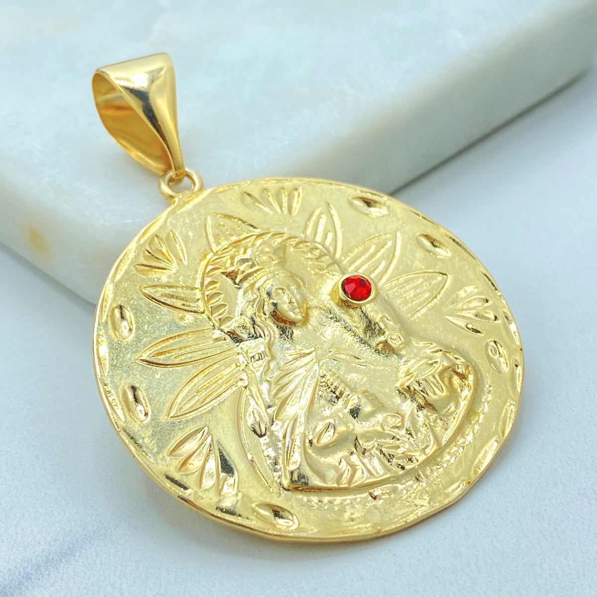 18K Gold Filled Saint Barbara Coin Pendant, Red CZ Accent, Floral Relief
