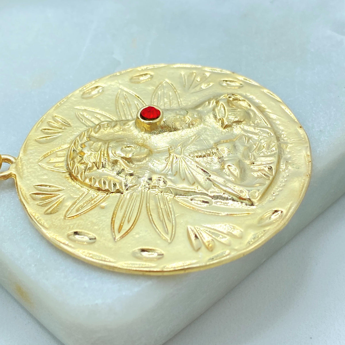 18K Gold Filled Saint Barbara Coin Pendant, Red CZ Accent, Floral Relief