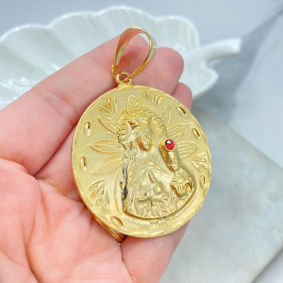 18K Gold Filled Saint Barbara Coin Pendant, Red CZ Accent, Floral Relief