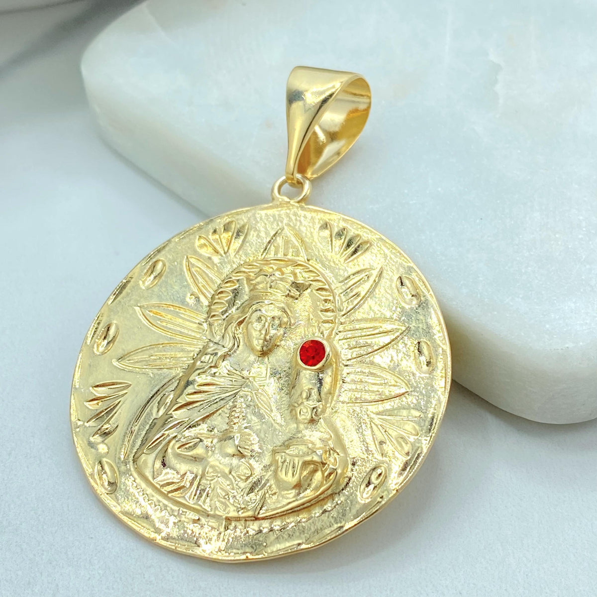 18K Gold Filled Saint Barbara Coin Pendant, Red CZ Accent, Floral Relief